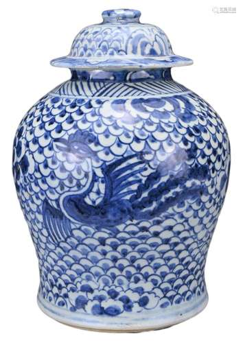 A CHINESE BLUE AND WHITE PORCELAIN PHOENIX JAR AND COVER, 18...