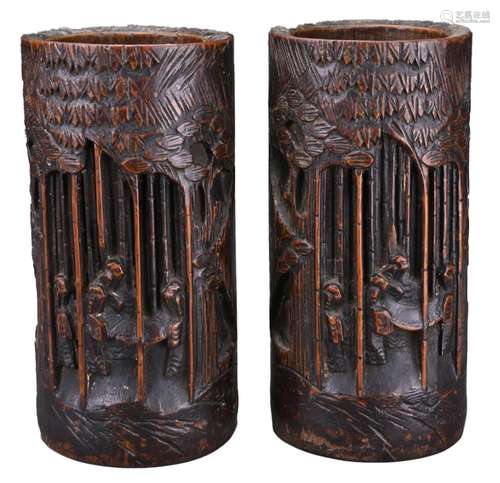 PAIR OF CHINESE BAMBOO BRUSH POTS, 19TH CENTURY