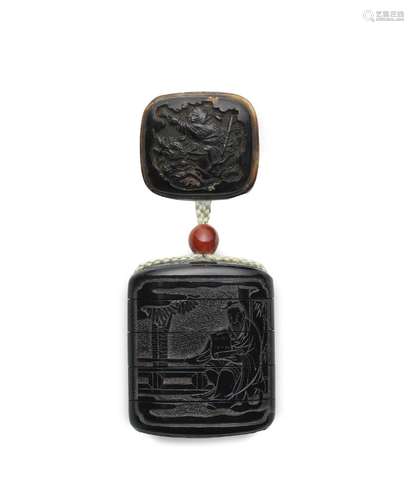 A TSUIKOKU (CARVED BLACK-LACQUER) FOUR-CASE INRO AND NETSUKE...