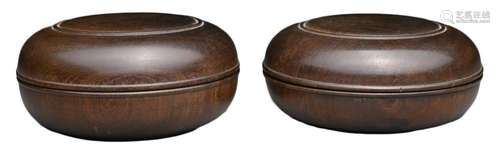 TWO CHINESE HARDWOOD CIRCULAR BOXES AND COVERS