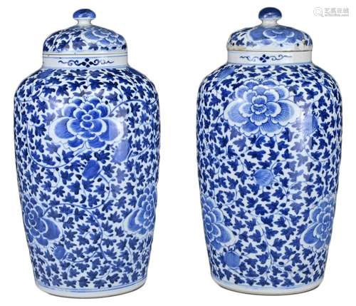 PAIR OF CHINESE BLUE AND WHITE PORCELAIN JARS AND COVERS, GU...