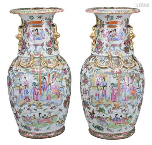 PAIR OF CHINESE CANTON FAMILLE ROSE PORCELAIN VASES, 19TH CE...