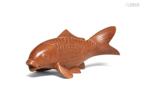 A BOXWOOD OKIMONO (TABLE ORNAMENT) OF A CARP By Narihiro, Ta...