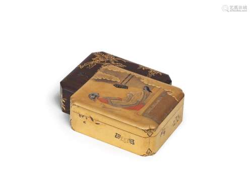 AN INLAID LACQUER BOX AND COVER IN THE FORM OF TWO OVERLAPPI...