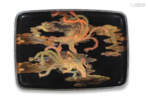 A BLACK-LACQUER LARGE DEEP ROUNDED RECTANGULAR TRAY  Meiji (...