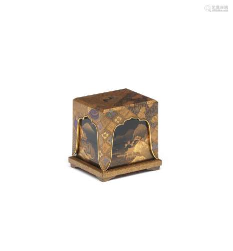 A BLACK-AND-GOLD-LACQUER JU-KOBAKO (TIERED SMALL BOX) AND CO...