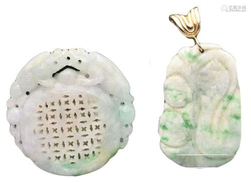 TWO CHINESE JADE PENDANTS, ONE WITH 14K GOLD CLASP