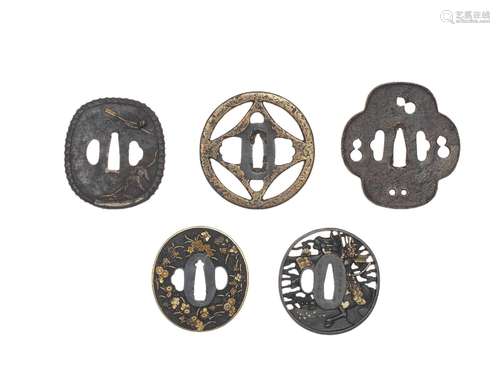 FIVE TSUBA (SWORD GUARDS) Edo period (1615-1868), 17th to 19...