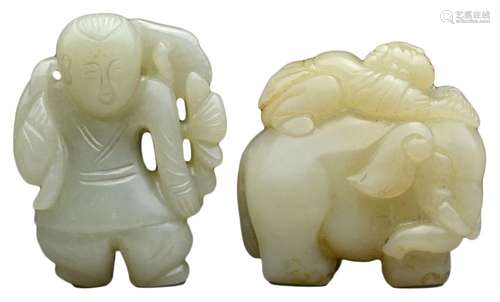 TWO CELADON JADE CARVINGS