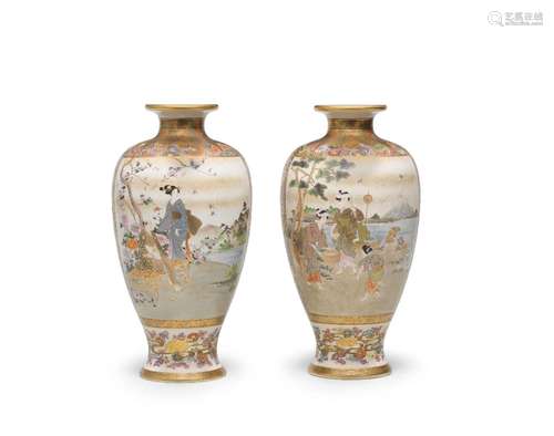 A PAIR OF SATSUMA TALL BALUSTER VASES By Kaizan, Meiji era (...