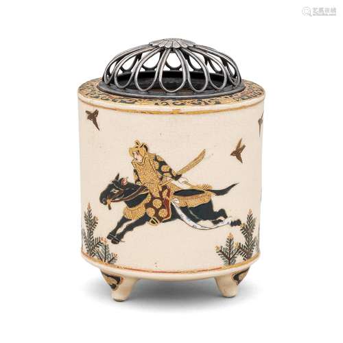 A SATSUMA CYLINDRICAL KORO (INCENSE BURNER) AND SILVER COVER...