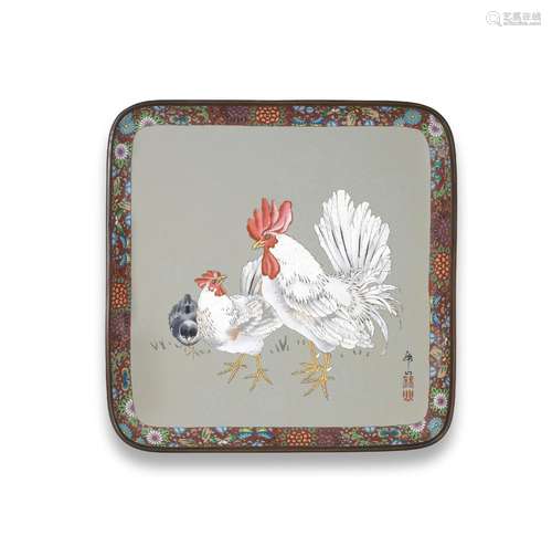 KINZAN COMPANY A Cloisonné-Enamel Rounded Square Tray Meiji ...