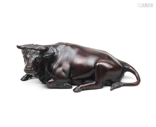 A BRONZE MODEL OF A RECUMBENT OX By Suiho, Meiji (1868-1912)...