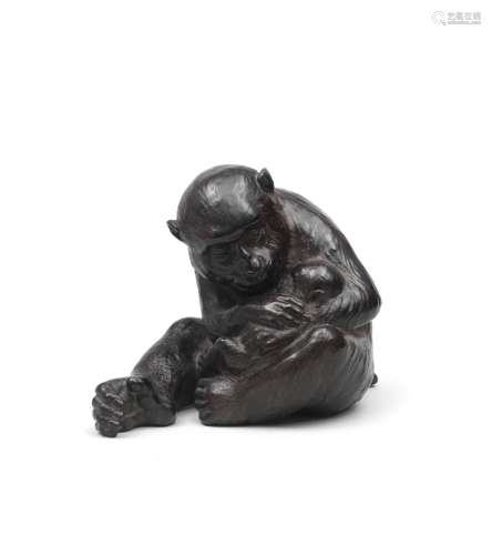 A BRONZE OKIMONO (TABLE ORNAMENT) GROUP OF A MACAQUE AND YOU...