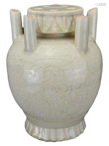 A CHINESE QINGBAI-GLAZED FIVE SPOUTED JAR