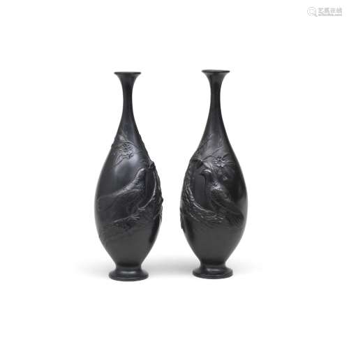 A PAIR OF BRONZE TALL PEAR-SHAPED VASES Meiji era (1868-1912...