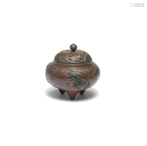 AN INLAID BRONZE KORO (INCENSE BURNER) AND COVER By Miyabe A...
