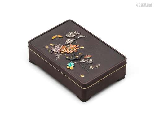 AN INLAID IRON RECTANGULAR BOX AND COVER By Kazutoshi, Meiji...