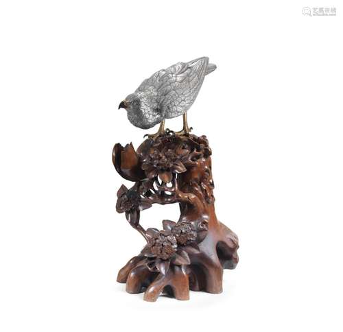 A SILVERED-BRONZE MODEL OF A GOSHAWK By Kunichika, Meiji era...