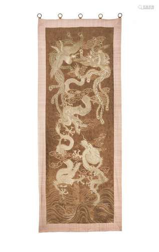 THREE EMBROIDERED WALL HANGINGS  Meiji era (1868-1912), late...