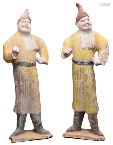 PAIR OF CHINESE PAINTED POTTERY FOREIGN GROOM FIGURES, TANG ...