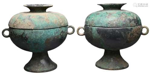 PAIR OF CHINESE BRONZE ROUND VESSELS AND COVERS, DOU, WARRIN...