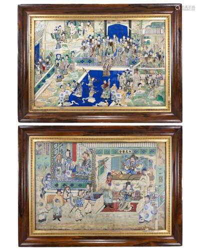 A PAIR OF LARGE AND IMPRESSIVE CHINESE PAINTED APPLIQUÉ SCEN...