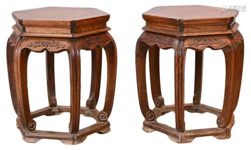 PAIR OF CHINESE HARDWOOD HEXAGONAL STOOLS