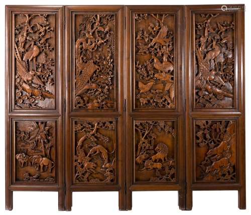 A LARGE CHINESE CAMPHOR WOOD FOUR-PANEL FOLDING SCREEN, 19/2...