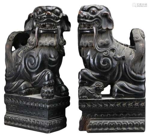 LARGE PAIR OF CHINESE HARDWOOD FOO DOGS, 19/20TH CENTURY