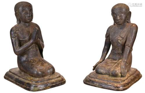 LARGE PAIR OF BURMESE CAST BRONZE KNEELING MONKS, 19TH CENTU...