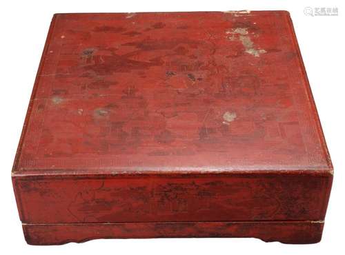 A LARGE CHINESE RED LACQUER TRAY BOX AND COVER, EARLY 20TH C...