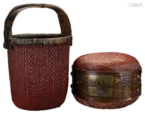 CHINESE WOVEN WILLOW BASKET AND CONTAINER, 19/20TH CENTURY