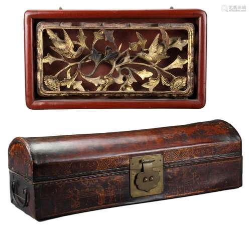 A CHINESE LACQUERED LEATHER BOX AND GILT WOOD CARVING, 19/20...