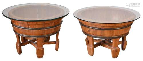 TWO CHINESE WOODEN WASH BASINS with metal bands and glass ci...