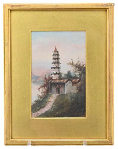 A FRAMED OIL PAINTING OF A PAGODA, UNSIGNED, EARLY 20TH CENT...