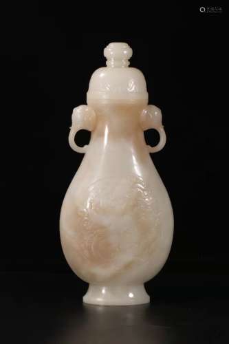 白玉海水龙纹象耳盖瓶