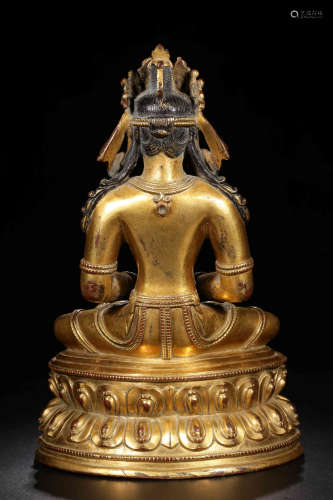 清代，铜鎏金嵌绿松玛瑙无量寿佛坐像