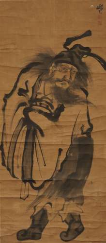 清 闵贞（扬州八怪） 钟馗图 纸本挂轴 日本装裱 青花瓷轴 日本原箱