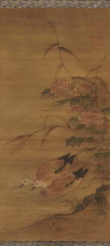 明代 牡丹双鸭图 日本装裱 绢本挂轴