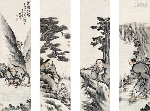 1824～1901 释竹禅 刘海戏金蟾四屏  立轴 设色纸本