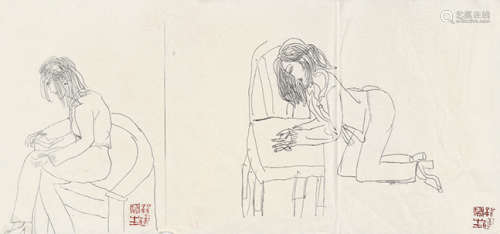 1963～2014 朱新建 人物写生 （二帧） 镜片 铅笔稿
