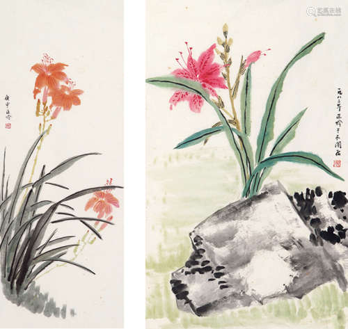1912～1995 张正吟 花卉 （二帧） 镜片 设色纸本