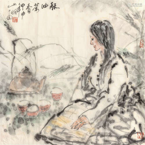 吴山明 人物酥油茶 纸本 单片