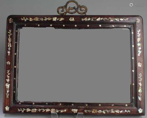 Chinese Hardwood Framed Mirror with Mother of Pear