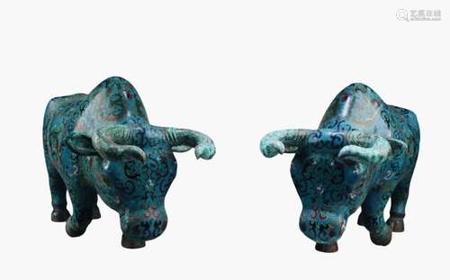 A Pair of Chinese Cloisonne Bull Statues