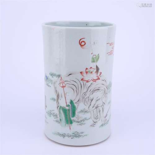 A multicolored figure porcelain brush pot