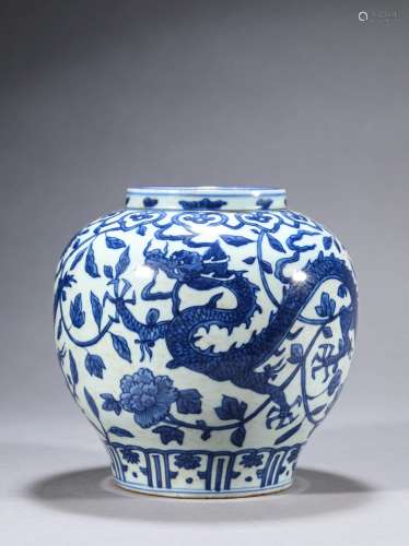 A blue and white dragon porcelain jar