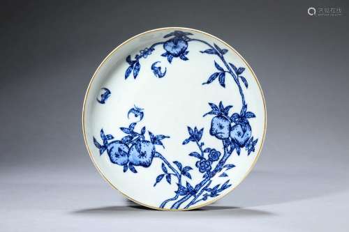 A blue and white bat and peach porcelain plate