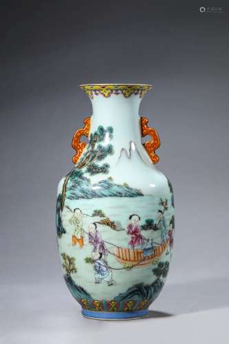 A famille rose figure porcelain double-eared vase
